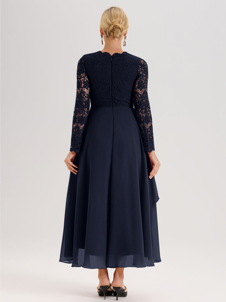 Cicinia Bleu Marine Robe De Mère De La Mariée Longue À Ourlet Irrégulier Ligne A En Dentelle Et Mousseline À Décolleté En V Et Manches Longues