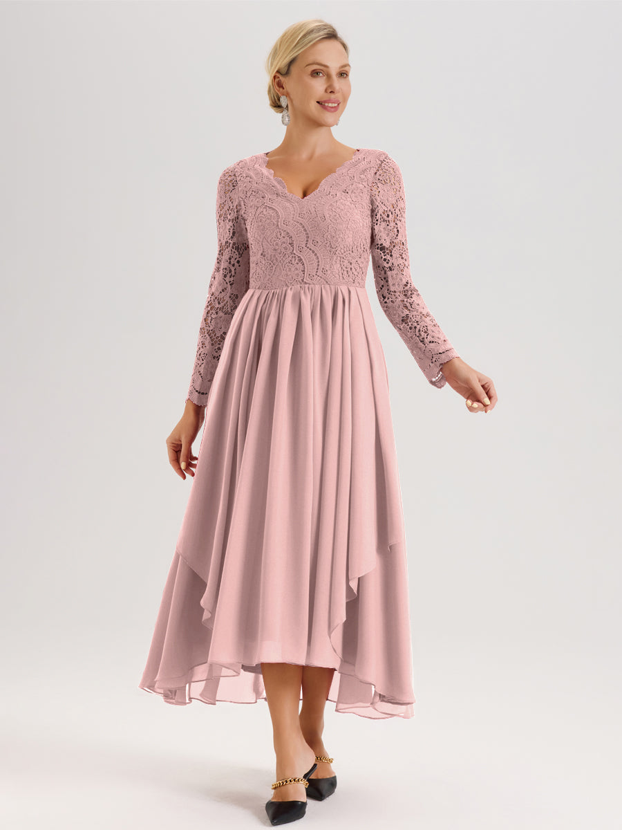 Cicinia Rose Poudré Robe De Mère De La Mariée Longue À Ourlet Irrégulier Ligne A En Dentelle Et Mousseline À Décolleté En V Et Manches Longues