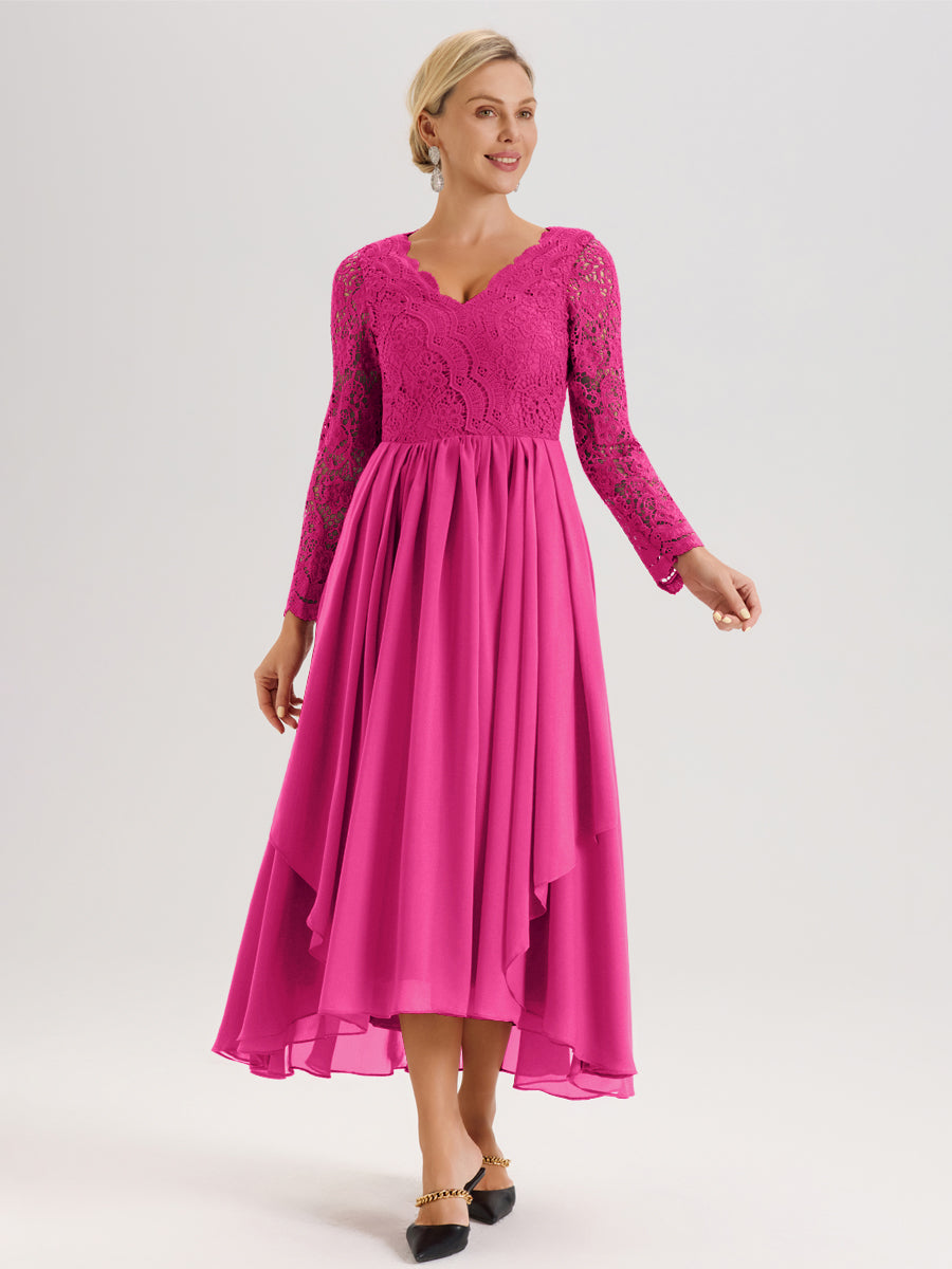 Cicinia Fuchsia Robe De Mère De La Mariée Longue À Ourlet Irrégulier Ligne A En Dentelle Et Mousseline À Décolleté En V Et Manches Longues