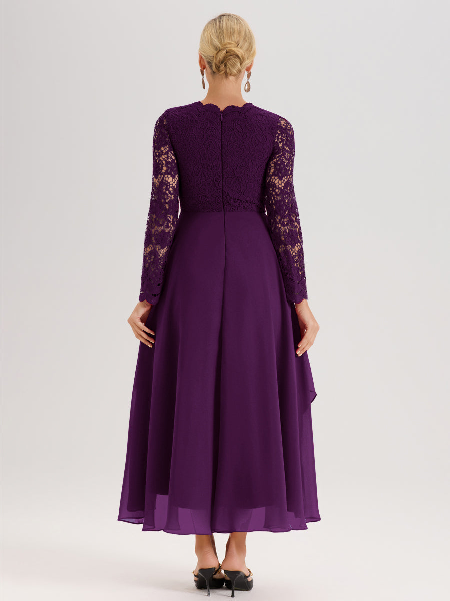 Cicinia Raisin Robe De Mère De La Mariée Longue À Ourlet Irrégulier Ligne A En Dentelle Et Mousseline À Décolleté En V Et Manches Longues