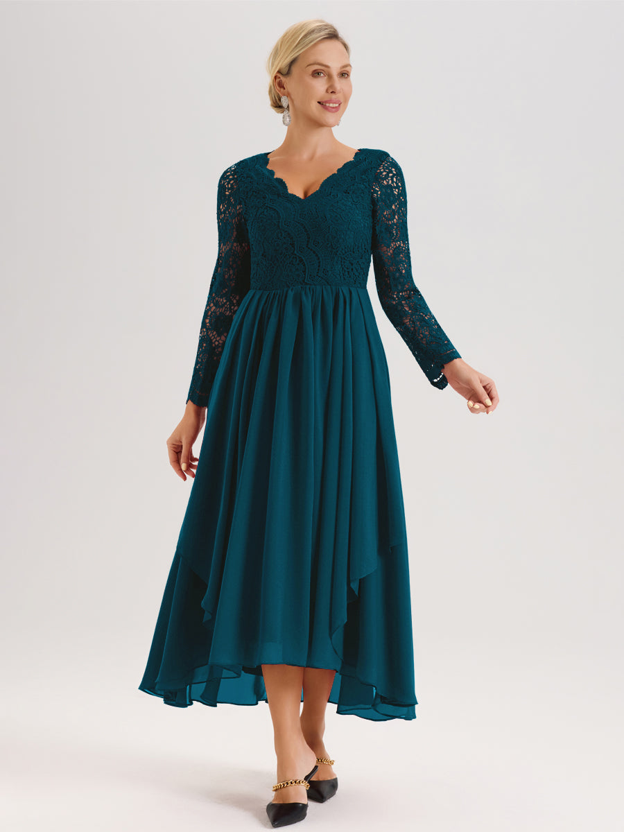 Cicinia Bleu Encre Robe De Mère De La Mariée Longue À Ourlet Irrégulier Ligne A En Dentelle Et Mousseline À Décolleté En V Et Manches Longues