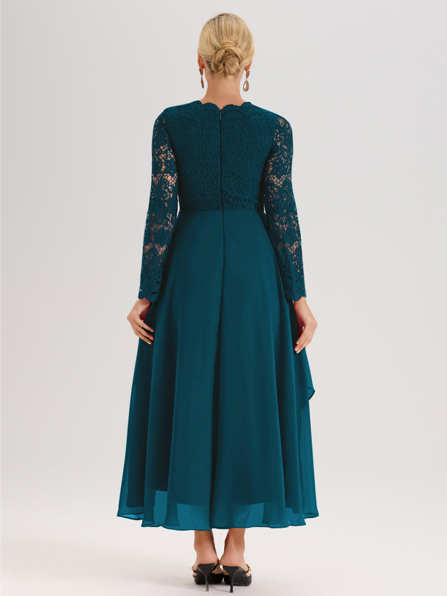 Cicinia Bleu Encre Robe De Mère De La Mariée Longue À Ourlet Irrégulier Ligne A En Dentelle Et Mousseline À Décolleté En V Et Manches Longues