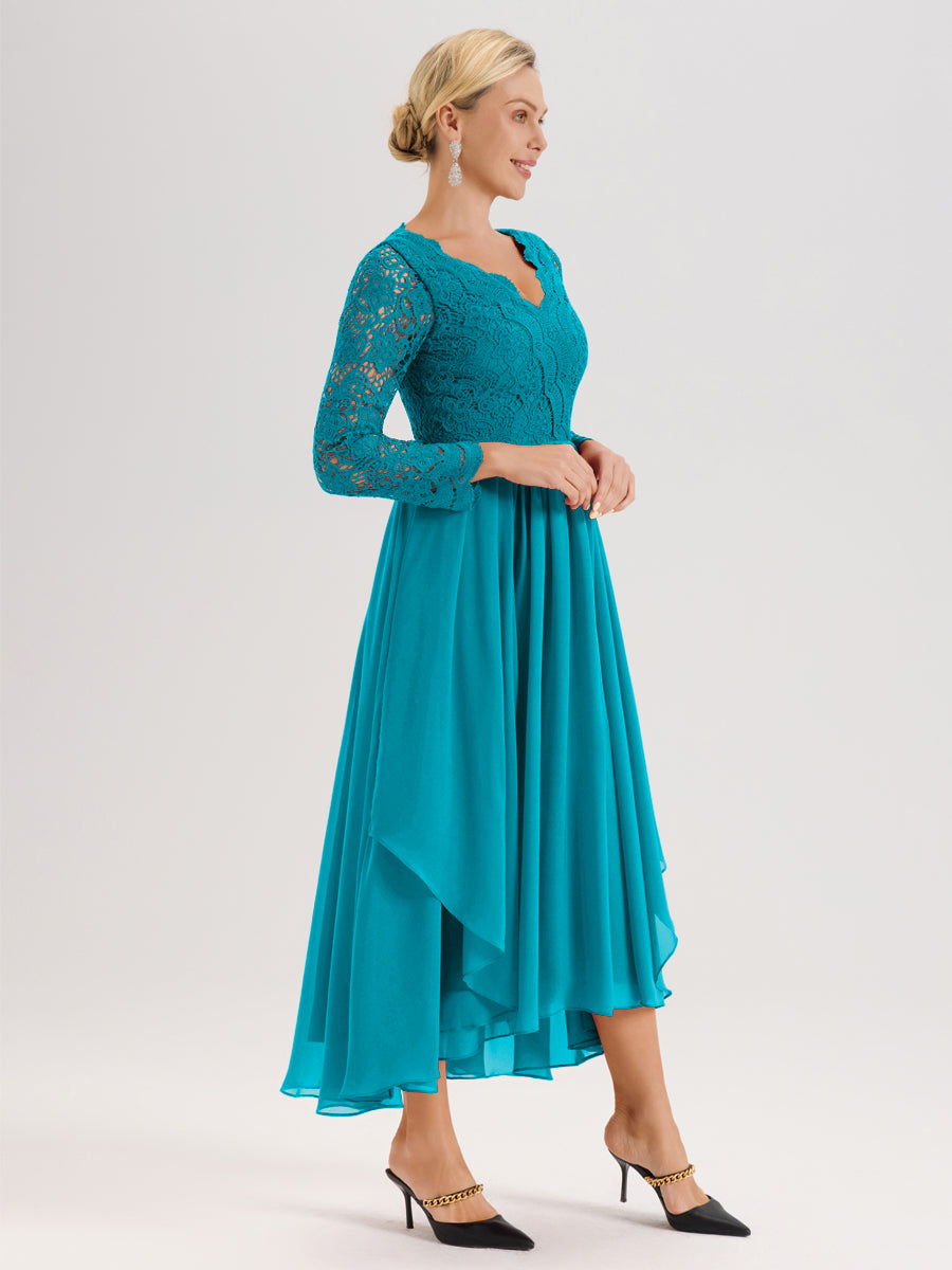 Cicinia Jade Robe De Mère De La Mariée Longue À Ourlet Irrégulier Ligne A En Dentelle Et Mousseline À Décolleté En V Et Manches Longues