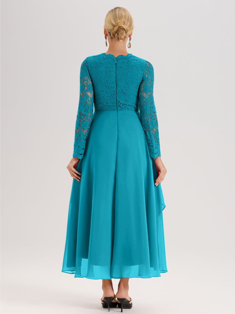 Cicinia Jade Robe De Mère De La Mariée Longue À Ourlet Irrégulier Ligne A En Dentelle Et Mousseline À Décolleté En V Et Manches Longues