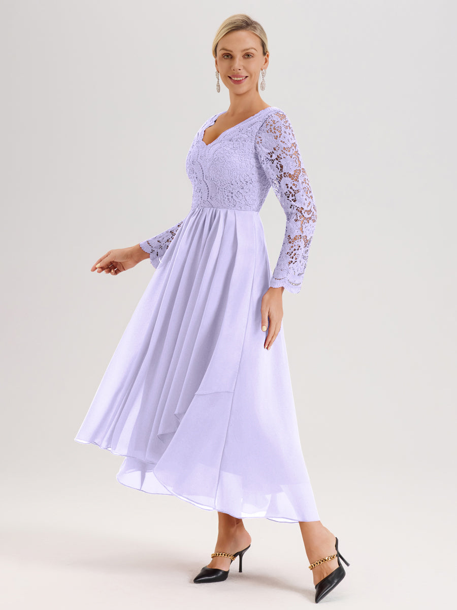Cicinia Lilas Robe De Mère De La Mariée Longue À Ourlet Irrégulier Ligne A En Dentelle Et Mousseline À Décolleté En V Et Manches Longues