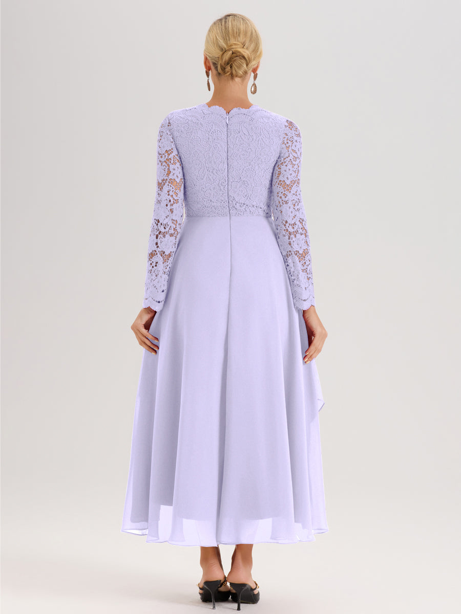Cicinia Lilas Robe De Mère De La Mariée Longue À Ourlet Irrégulier Ligne A En Dentelle Et Mousseline À Décolleté En V Et Manches Longues