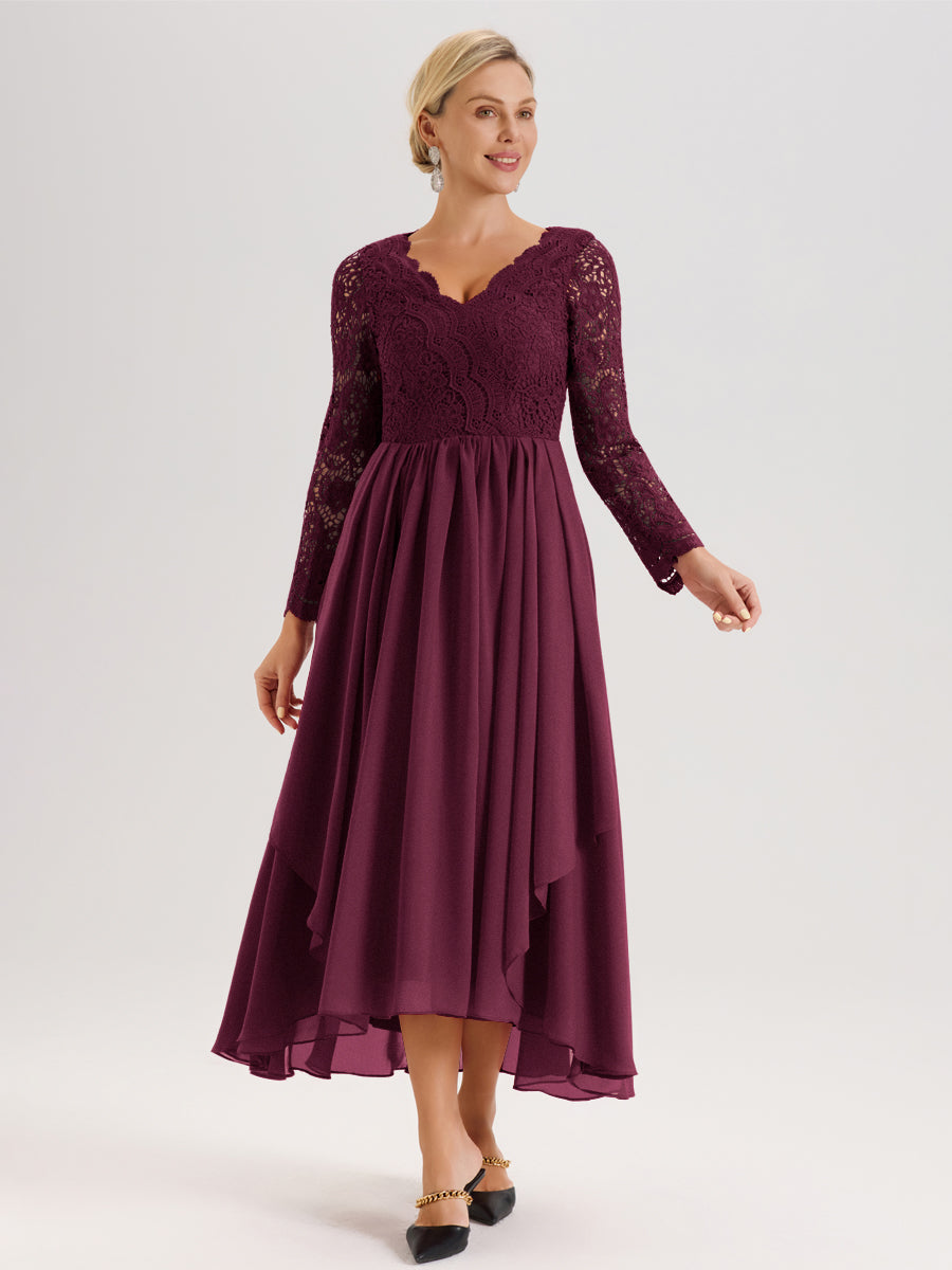 Cicinia Mûre Robe De Mère De La Mariée Longue À Ourlet Irrégulier Ligne A En Dentelle Et Mousseline À Décolleté En V Et Manches Longues