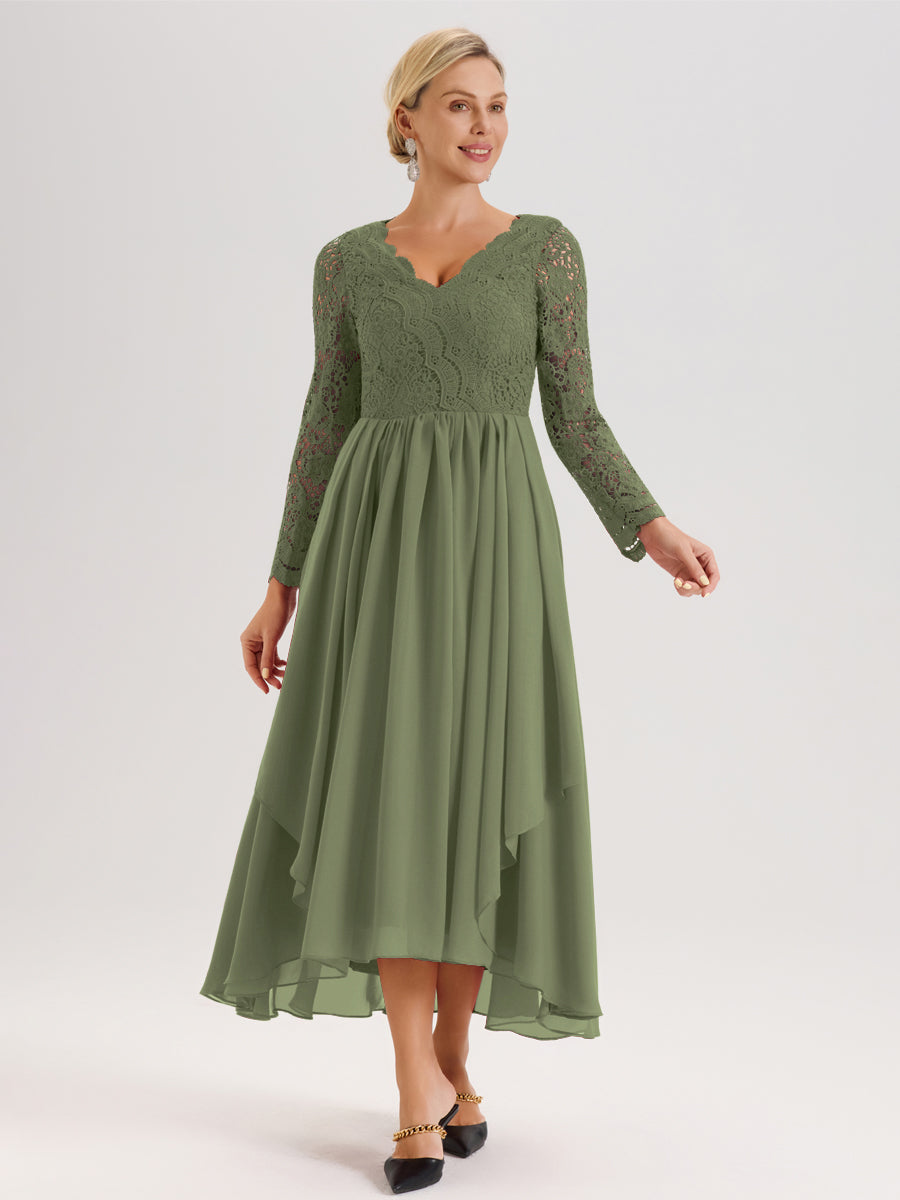Cicinia Vert Olive Robe De Mère De La Mariée Longue À Ourlet Irrégulier Ligne A En Dentelle Et Mousseline À Décolleté En V Et Manches Longues