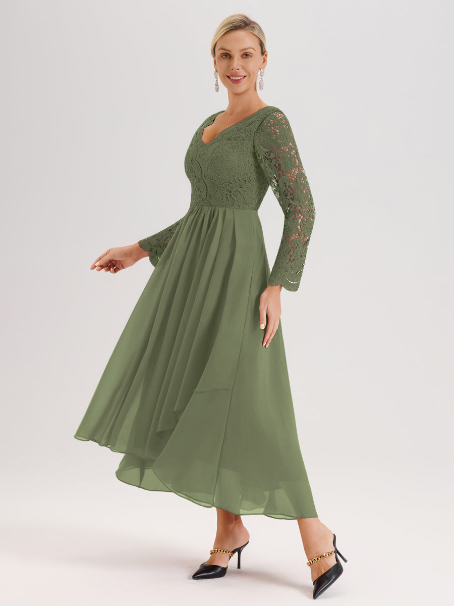 Cicinia Vert Olive Robe De Mère De La Mariée Longue À Ourlet Irrégulier Ligne A En Dentelle Et Mousseline À Décolleté En V Et Manches Longues