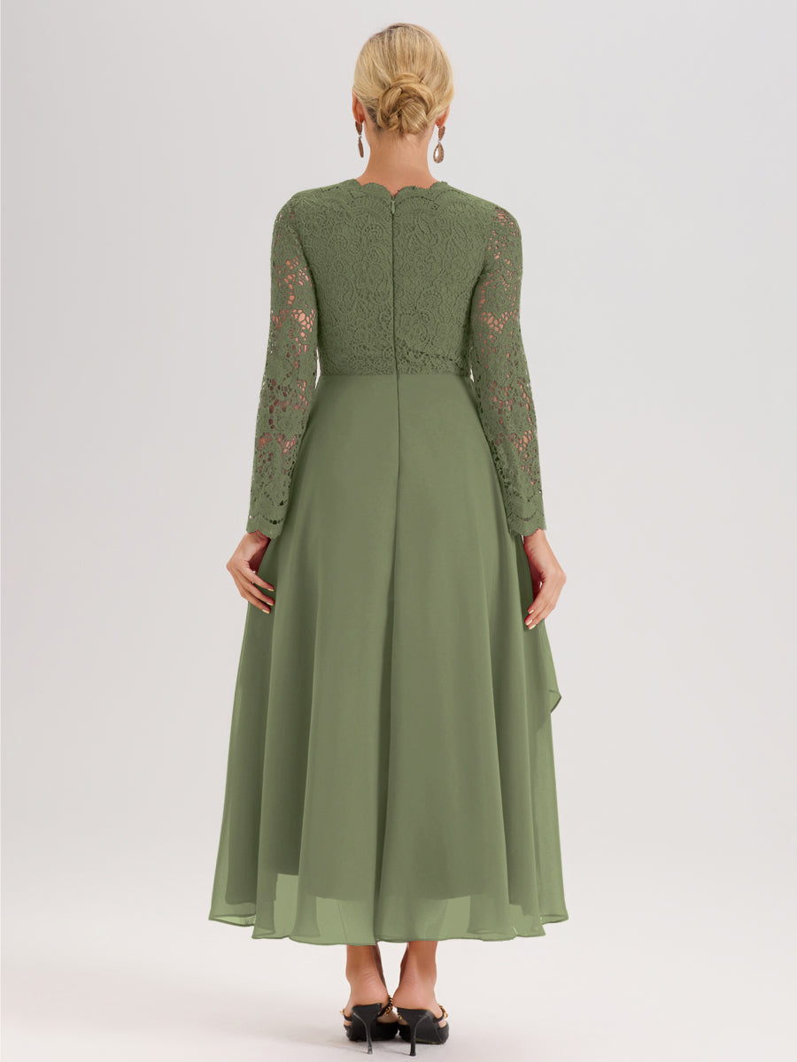 Cicinia Vert Olive Robe De Mère De La Mariée Longue À Ourlet Irrégulier Ligne A En Dentelle Et Mousseline À Décolleté En V Et Manches Longues