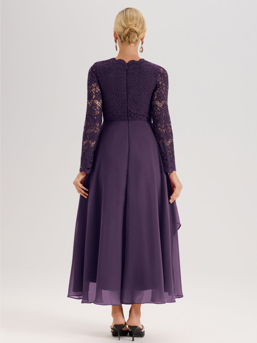 Cicinia Plum Robe De Mère De La Mariée Longue À Ourlet Irrégulier Ligne A En Dentelle Et Mousseline À Décolleté En V Et Manches Longues