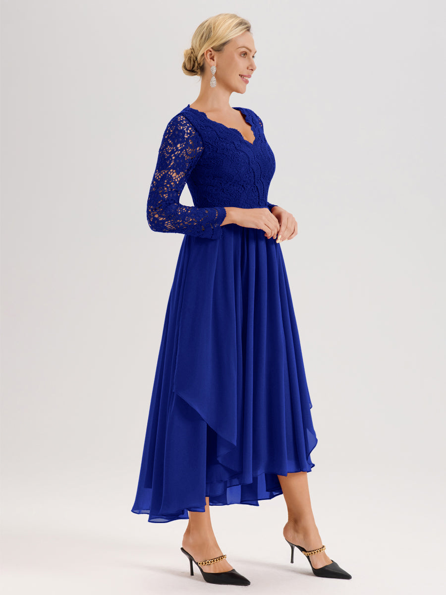 Cicinia Bleu Royale Robe De Mère De La Mariée Longue À Ourlet Irrégulier Ligne A En Dentelle Et Mousseline À Décolleté En V Et Manches Longues