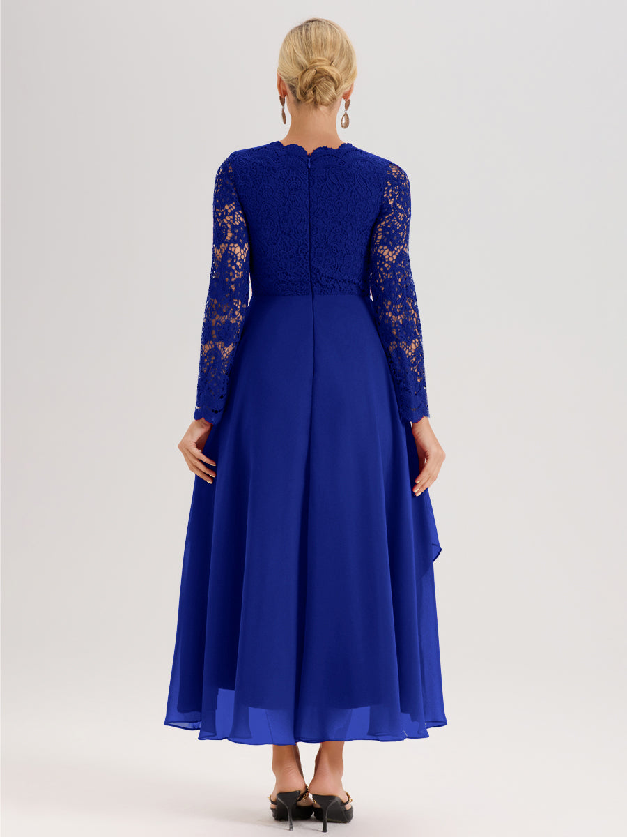 Cicinia Bleu Royale Robe De Mère De La Mariée Longue À Ourlet Irrégulier Ligne A En Dentelle Et Mousseline À Décolleté En V Et Manches Longues