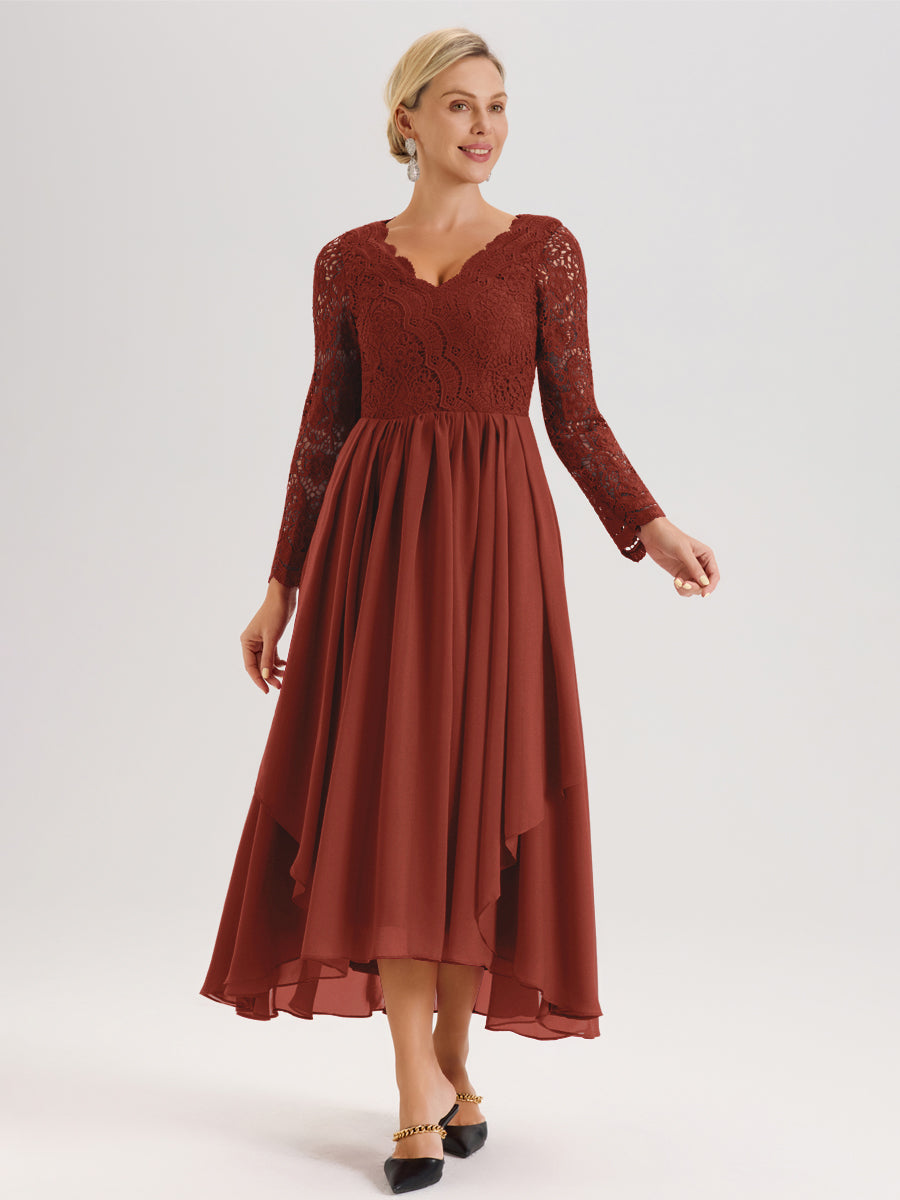 Cicinia Rouille Robe De Mère De La Mariée Longue À Ourlet Irrégulier Ligne A En Dentelle Et Mousseline À Décolleté En V Et Manches Longues