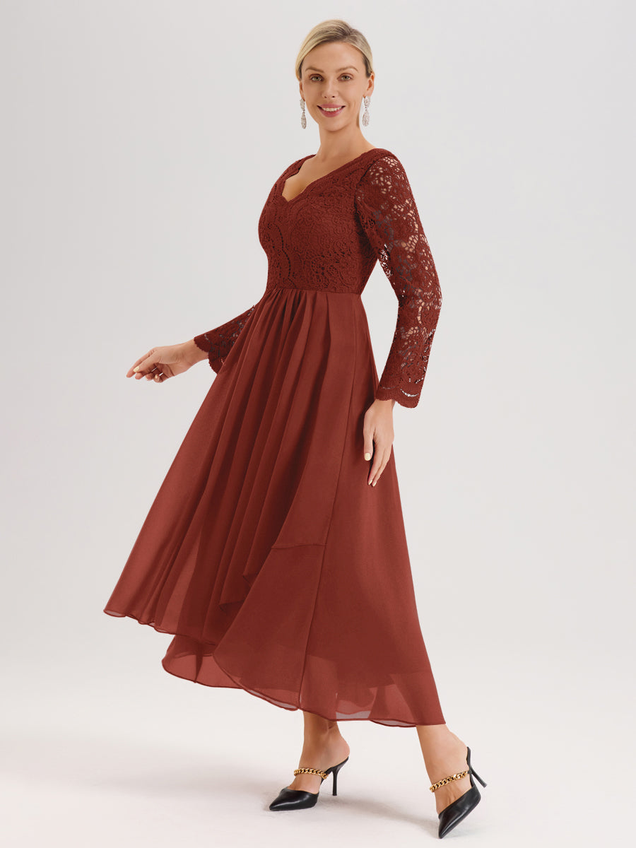 Cicinia Rouille Robe De Mère De La Mariée Longue À Ourlet Irrégulier Ligne A En Dentelle Et Mousseline À Décolleté En V Et Manches Longues