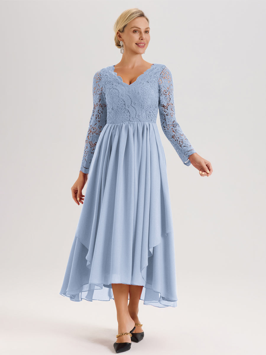 Cicinia Bleu Ciel Robe De Mère De La Mariée Longue À Ourlet Irrégulier Ligne A En Dentelle Et Mousseline À Décolleté En V Et Manches Longues