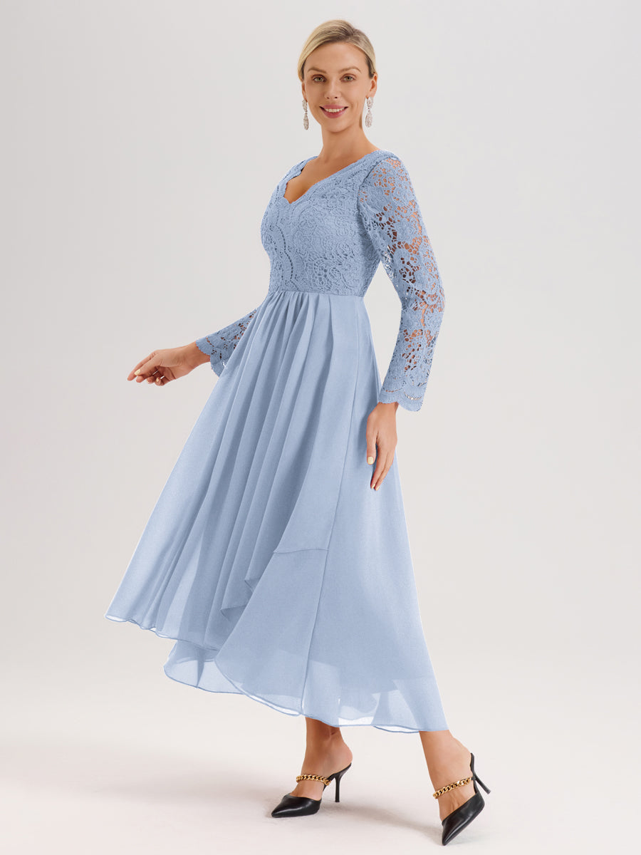 Cicinia Bleu Ciel Robe De Mère De La Mariée Longue À Ourlet Irrégulier Ligne A En Dentelle Et Mousseline À Décolleté En V Et Manches Longues
