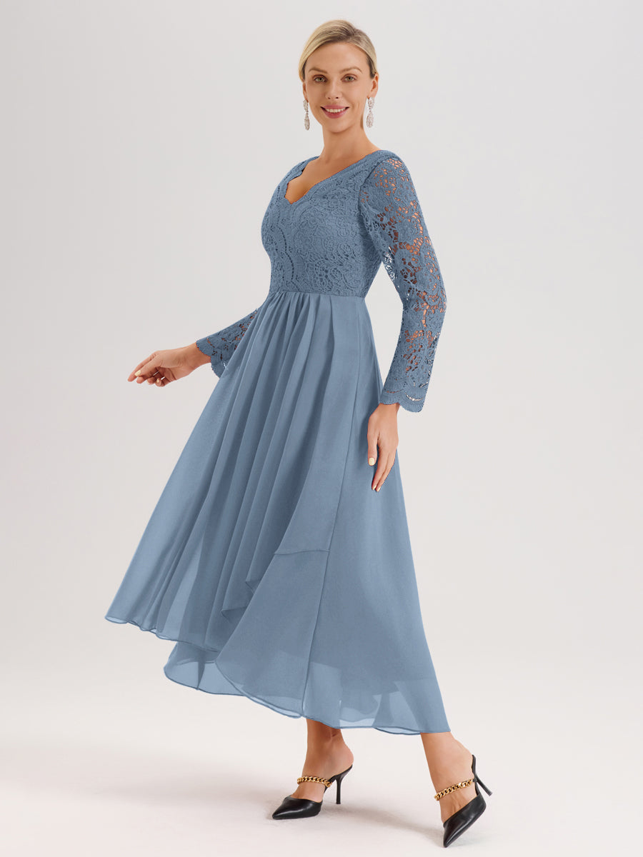 Cicinia Bleu De Schiste Robe De Mère De La Mariée Longue À Ourlet Irrégulier Ligne A En Dentelle Et Mousseline À Décolleté En V Et Manches Longues