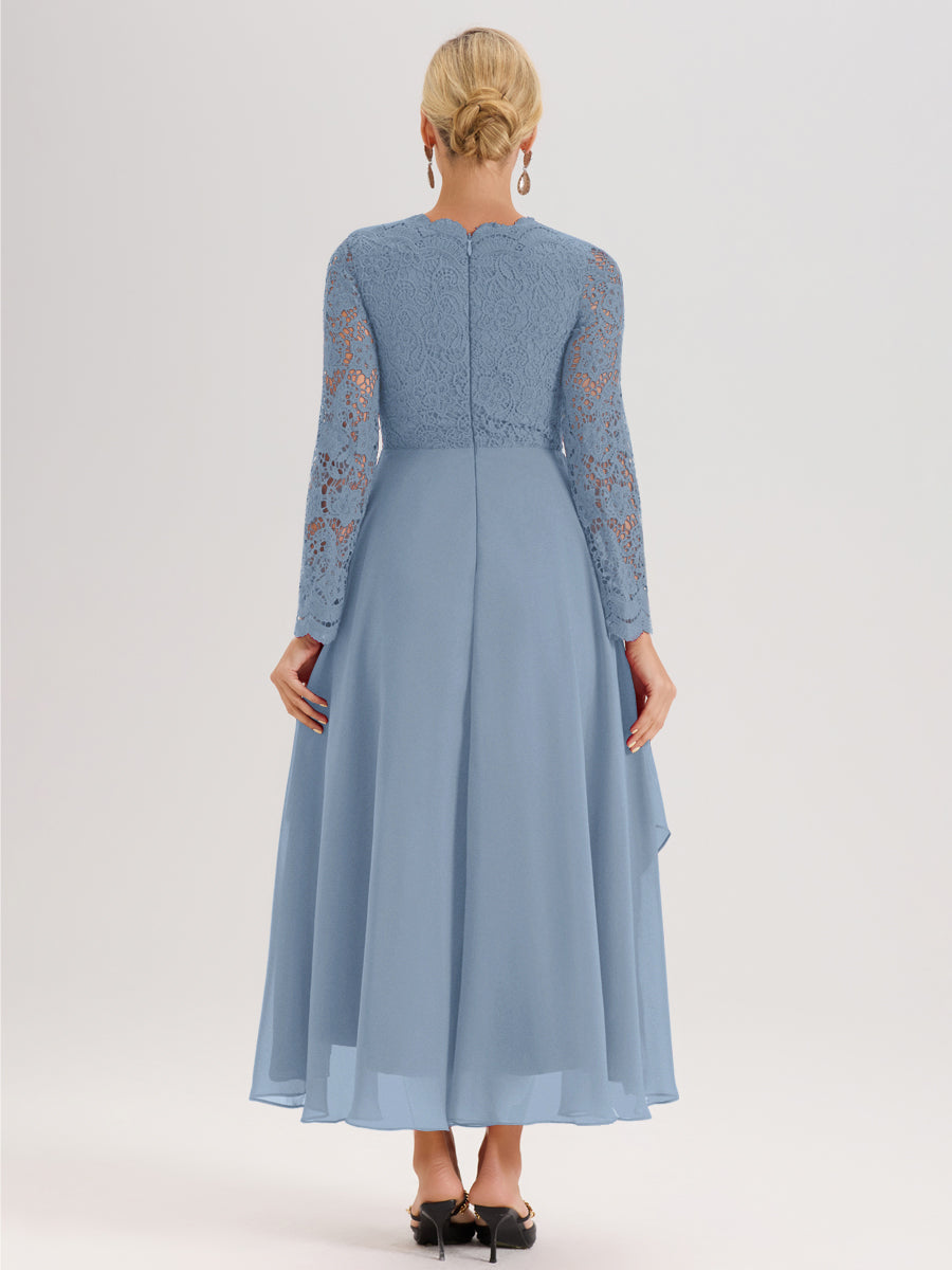 Cicinia Bleu De Schiste Robe De Mère De La Mariée Longue À Ourlet Irrégulier Ligne A En Dentelle Et Mousseline À Décolleté En V Et Manches Longues