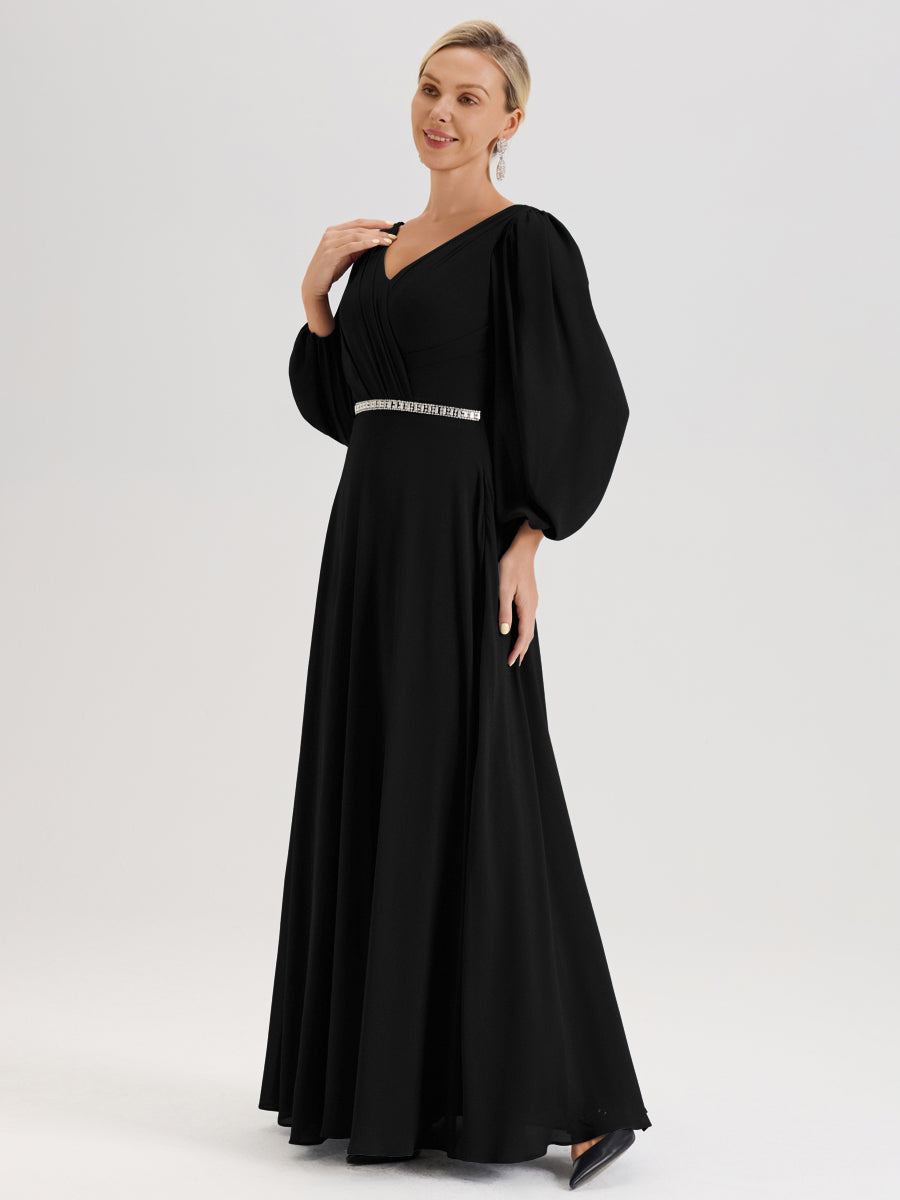 Cicinia Noir Robe De Mère De La Mariée Manches Ballon Ligne A En Mousseline À Décolleté En V