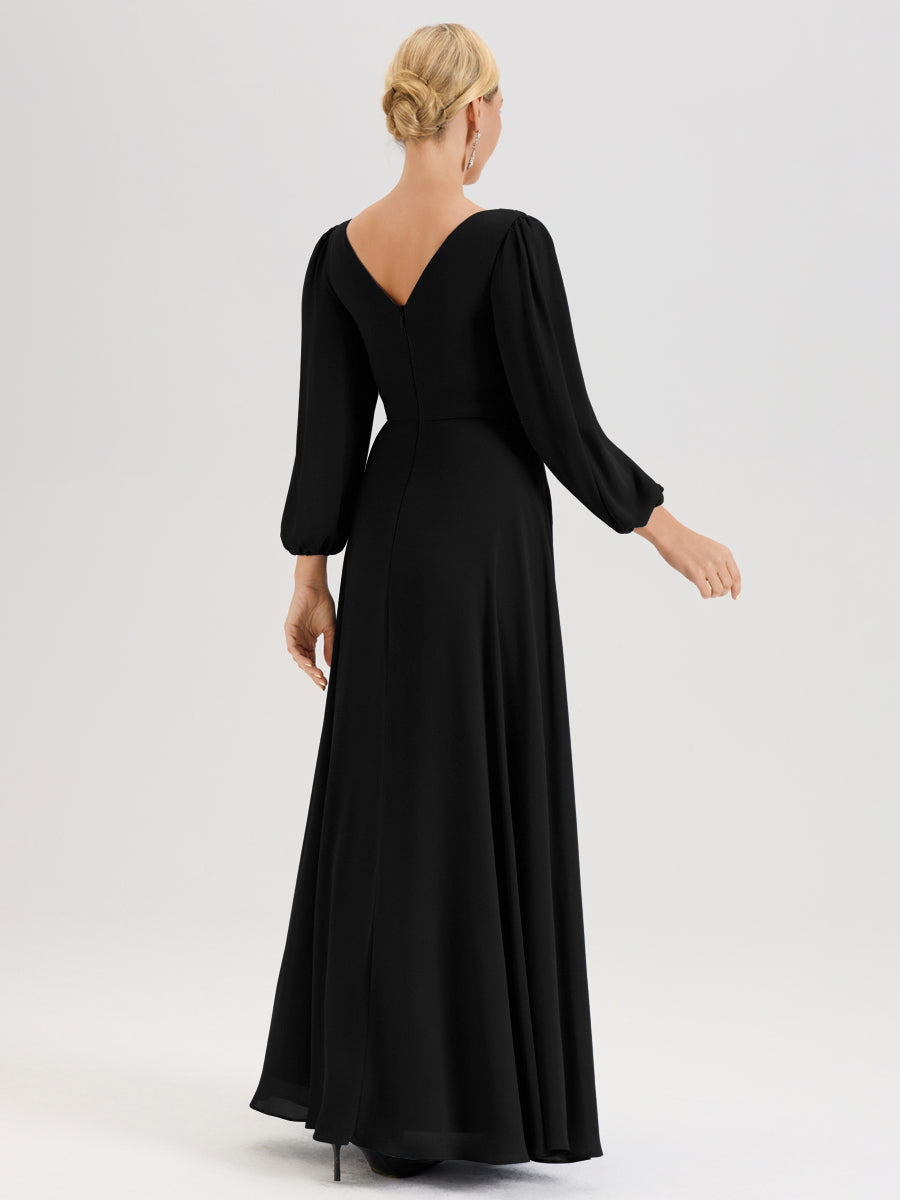 Cicinia Noir Robe De Mère De La Mariée Manches Ballon Ligne A En Mousseline À Décolleté En V