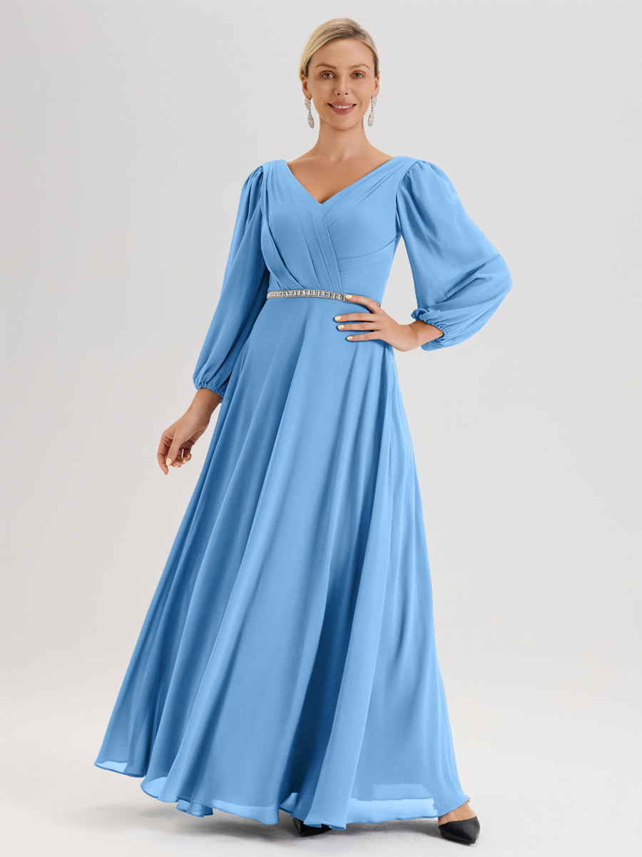 Cicinia Bleu Robe De Mère De La Mariée Manches Ballon Ligne A En Mousseline À Décolleté En V