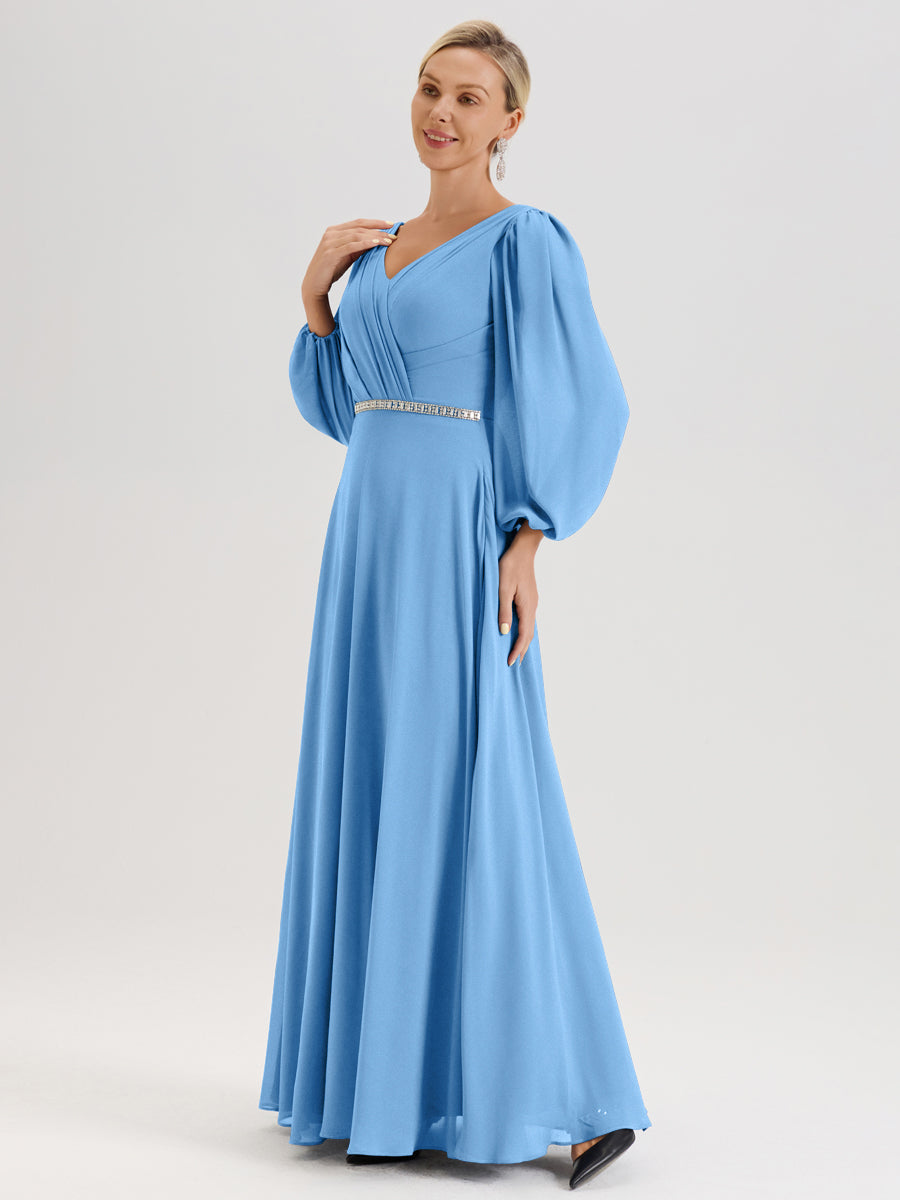 Cicinia Bleu Robe De Mère De La Mariée Manches Ballon Ligne A En Mousseline À Décolleté En V
