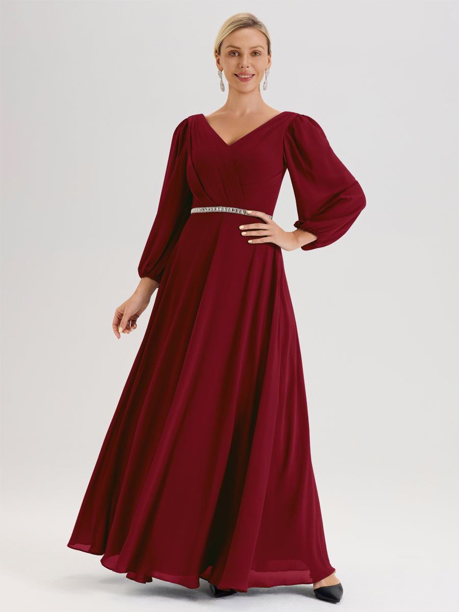 Cicinia Bordeaux Robe De Mère De La Mariée Manches Ballon Ligne A En Mousseline À Décolleté En V