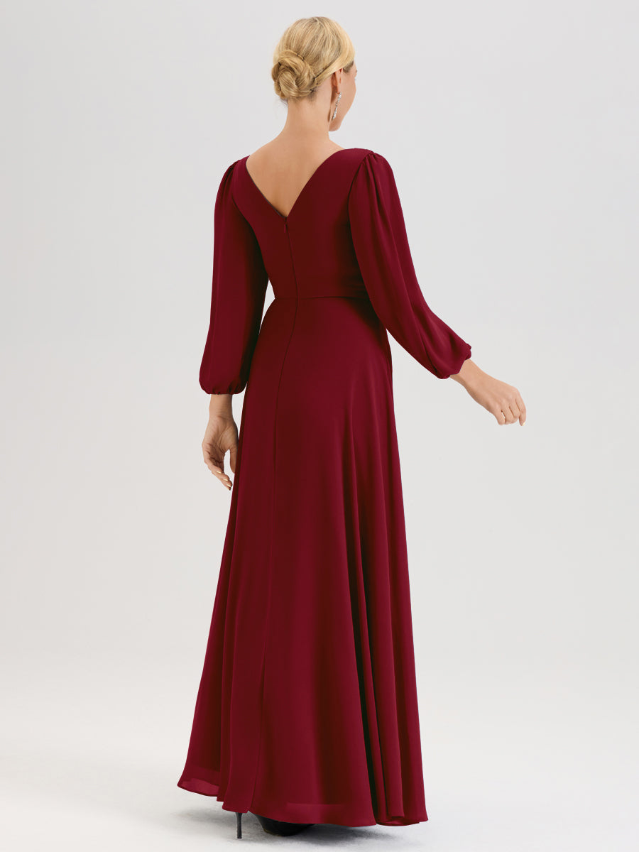 Cicinia Bordeaux Robe De Mère De La Mariée Manches Ballon Ligne A En Mousseline À Décolleté En V