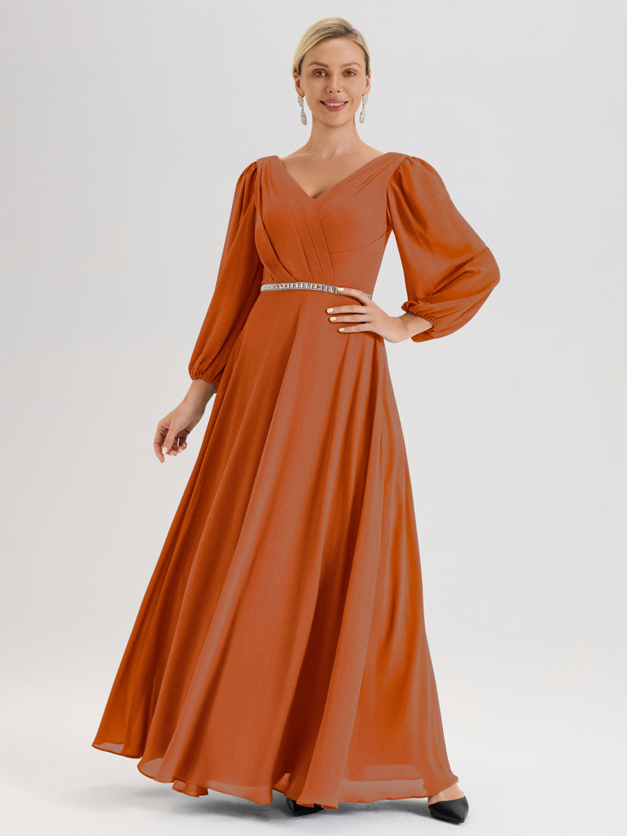 Cicinia Orange Brûlé Robe De Mère De La Mariée Manches Ballon Ligne A En Mousseline À Décolleté En V