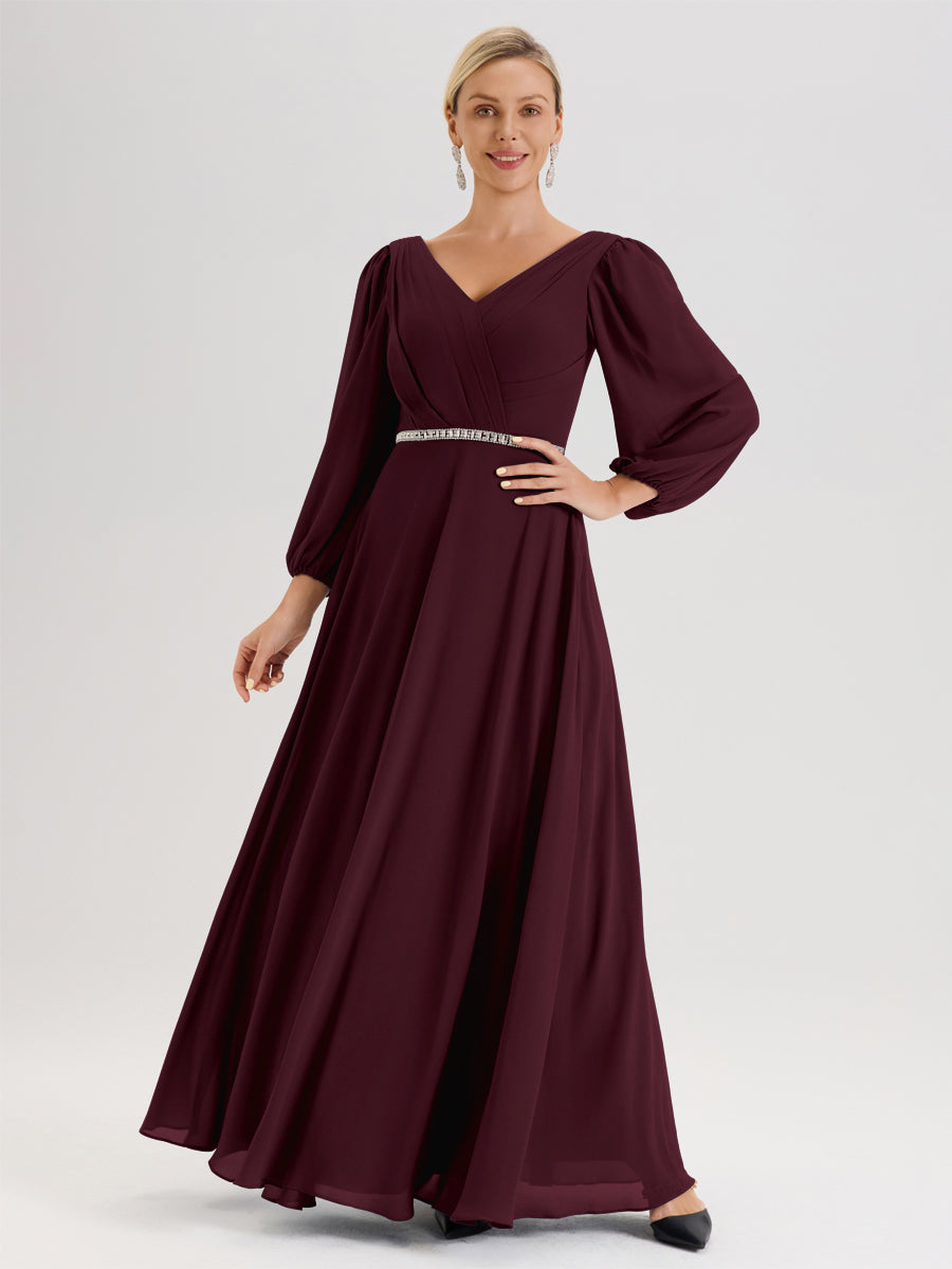 Cicinia Cabernet Robe De Mère De La Mariée Manches Ballon Ligne A En Mousseline À Décolleté En V