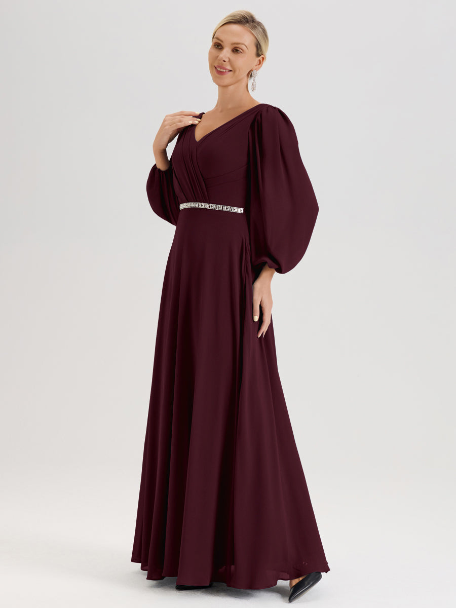 Cicinia Cabernet Robe De Mère De La Mariée Manches Ballon Ligne A En Mousseline À Décolleté En V
