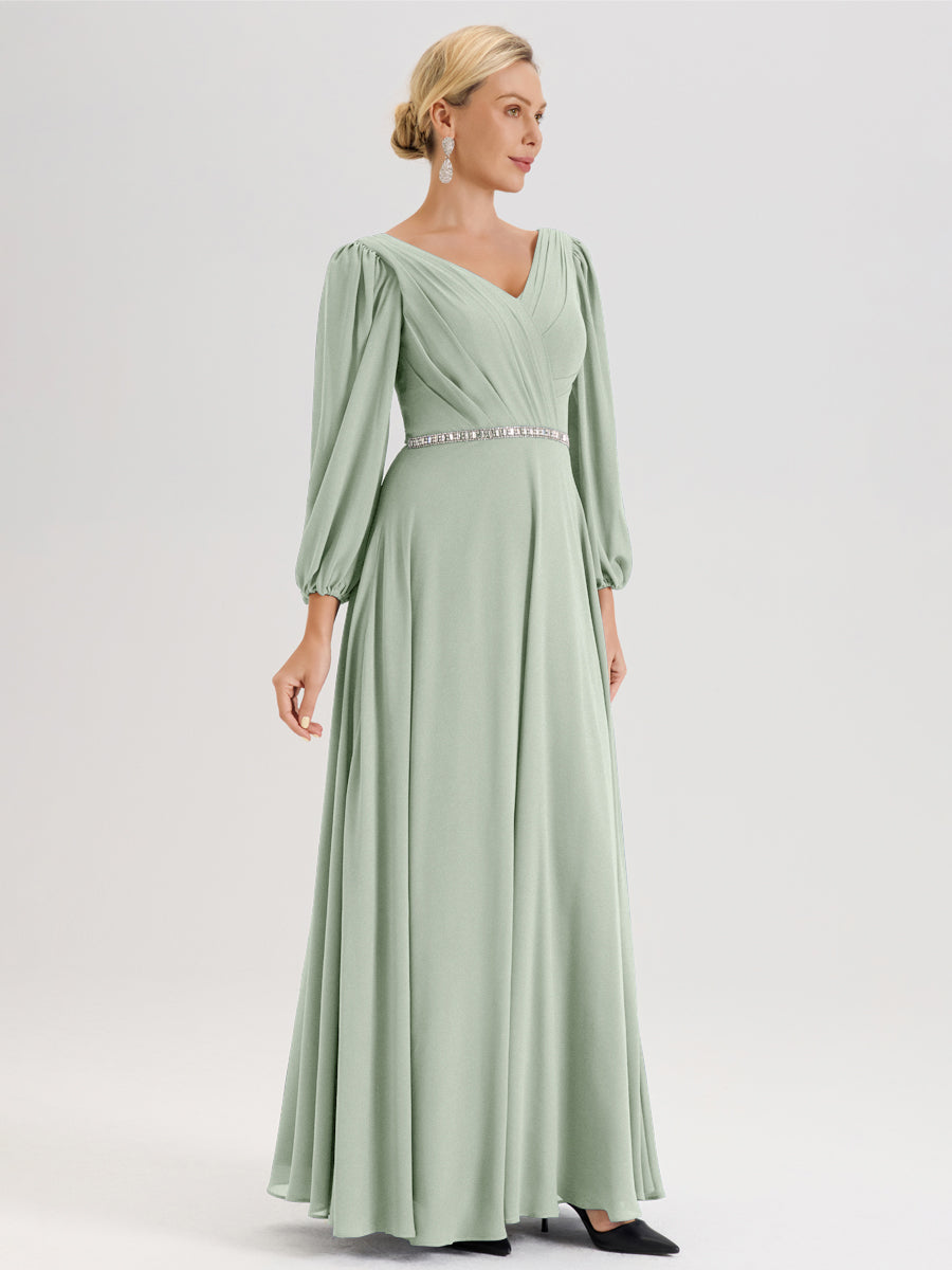 Cicinia Celadon Robe De Mère De La Mariée Manches Ballon Ligne A En Mousseline À Décolleté En V