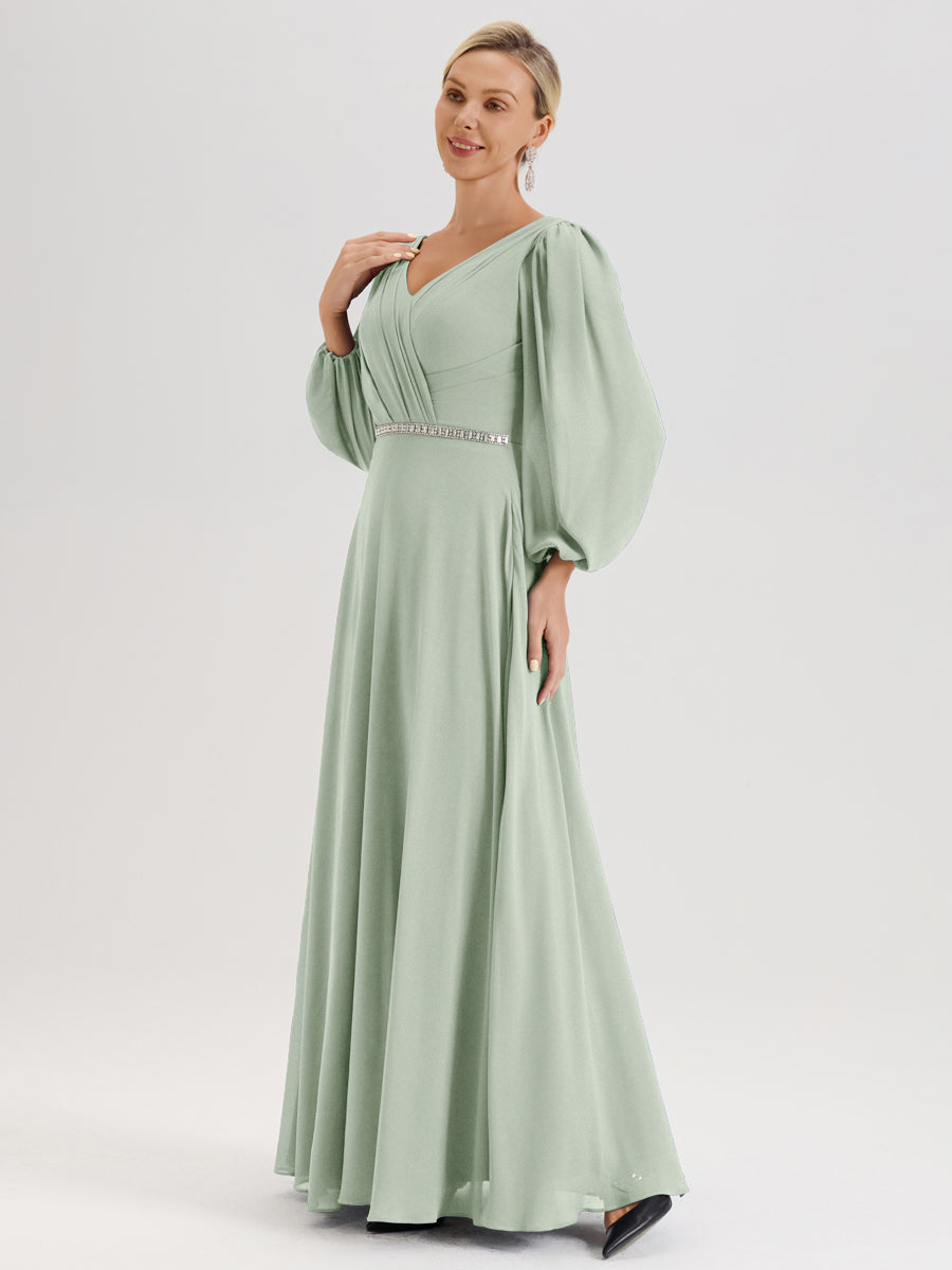 Cicinia Celadon Robe De Mère De La Mariée Manches Ballon Ligne A En Mousseline À Décolleté En V