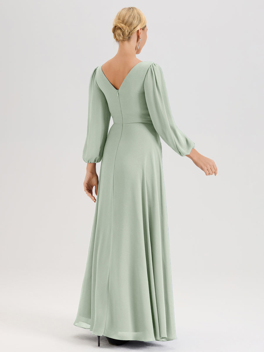 Cicinia Celadon Robe De Mère De La Mariée Manches Ballon Ligne A En Mousseline À Décolleté En V