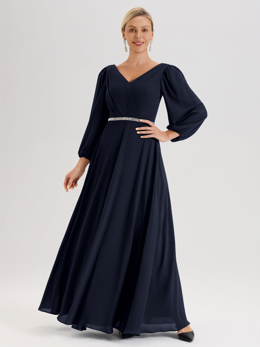 Cicinia Bleu Marine Robe De Mère De La Mariée Manches Ballon Ligne A En Mousseline À Décolleté En V