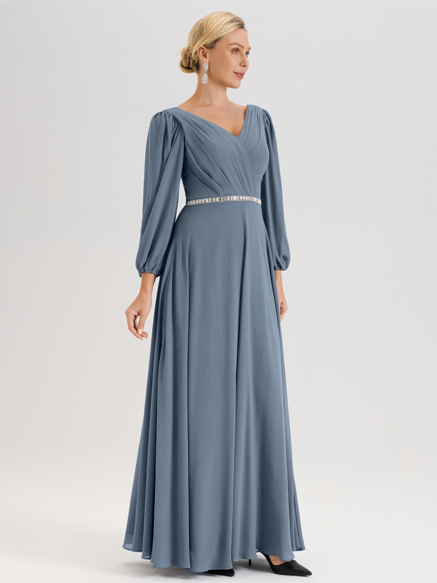Cicinia Bleu Poudré Robe De Mère De La Mariée Manches Ballon Ligne A En Mousseline À Décolleté En V