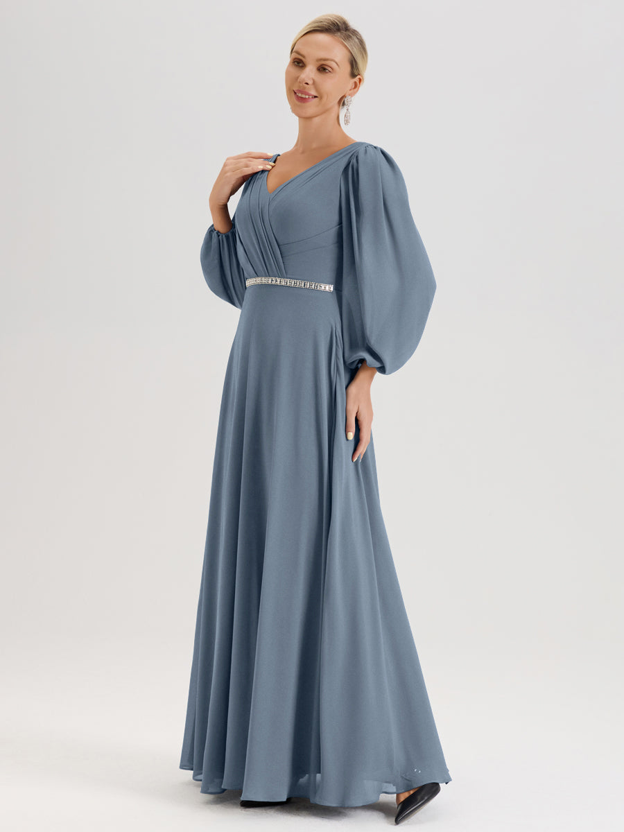 Cicinia Bleu Poudré Robe De Mère De La Mariée Manches Ballon Ligne A En Mousseline À Décolleté En V