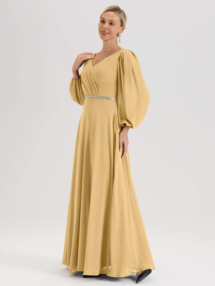 Cicinia Or Robe De Mère De La Mariée Manches Ballon Ligne A En Mousseline À Décolleté En V