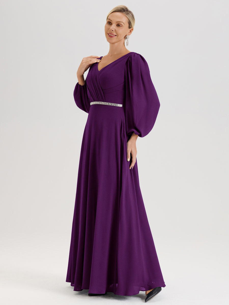 Cicinia Raisin Robe De Mère De La Mariée Manches Ballon Ligne A En Mousseline À Décolleté En V