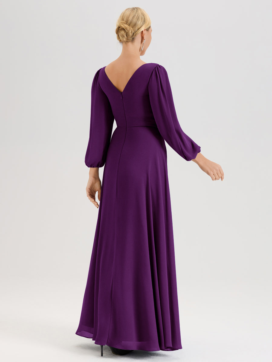 Cicinia Raisin Robe De Mère De La Mariée Manches Ballon Ligne A En Mousseline À Décolleté En V