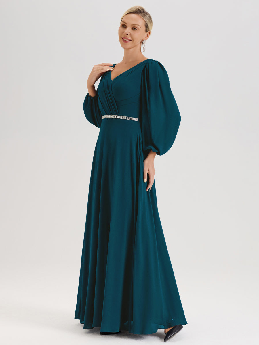 Cicinia Bleu Encre Robe De Mère De La Mariée Manches Ballon Ligne A En Mousseline À Décolleté En V