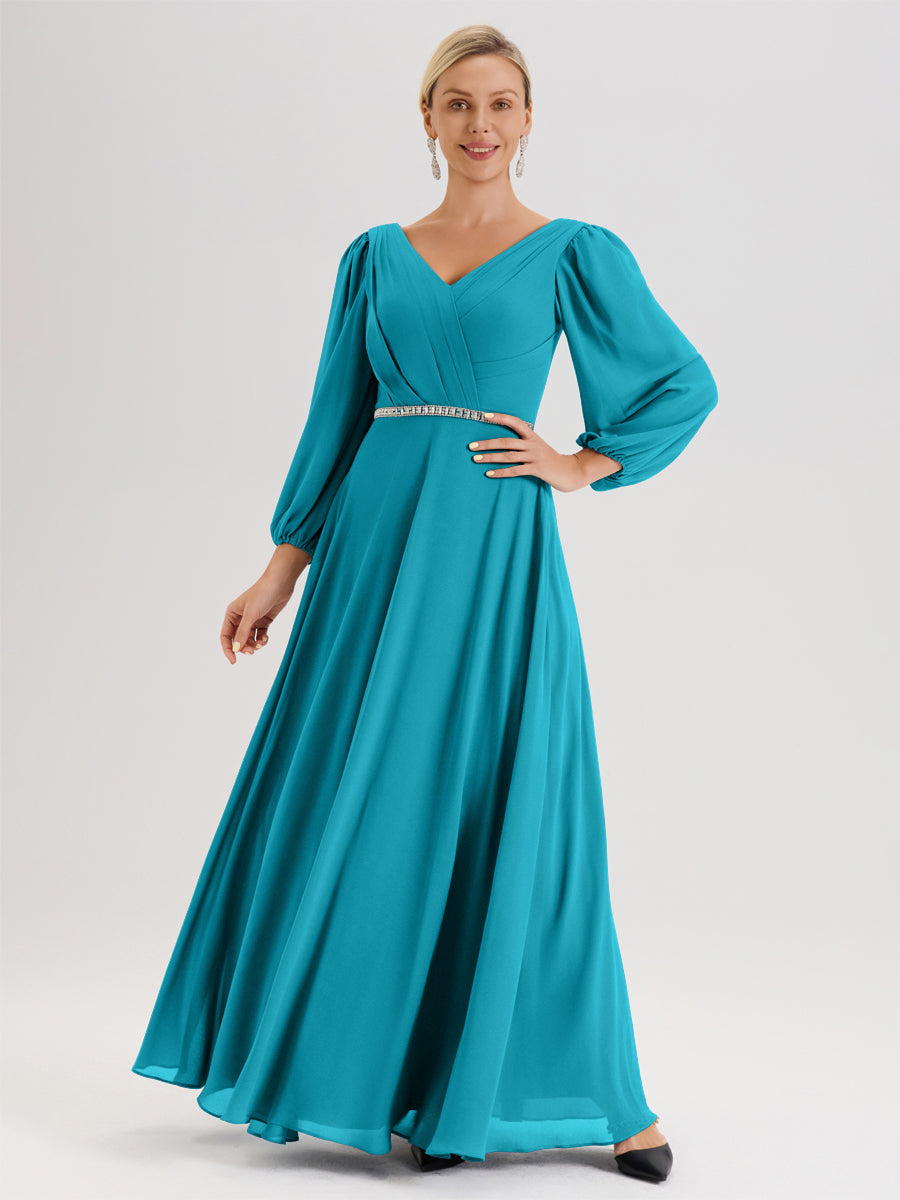 Cicinia Jade Robe De Mère De La Mariée Manches Ballon Ligne A En Mousseline À Décolleté En V