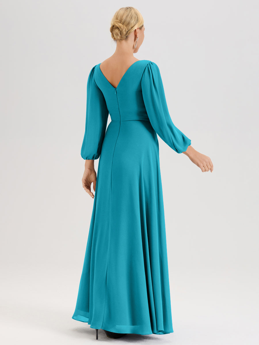 Cicinia Jade Robe De Mère De La Mariée Manches Ballon Ligne A En Mousseline À Décolleté En V