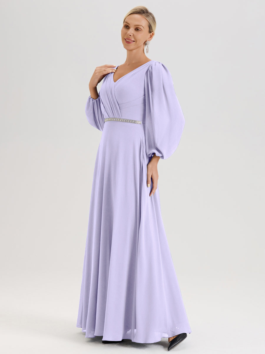 Cicinia Lilas Robe De Mère De La Mariée Manches Ballon Ligne A En Mousseline À Décolleté En V