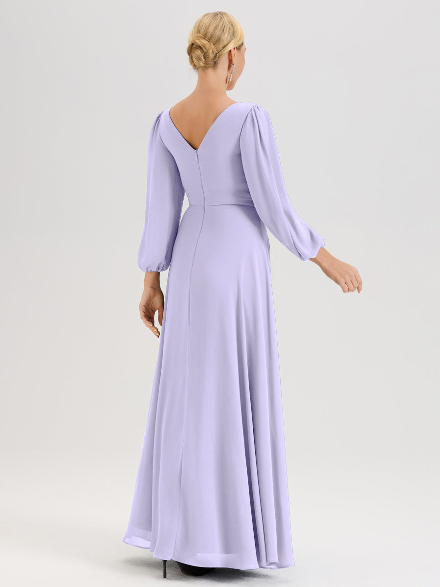 Cicinia Lilas Robe De Mère De La Mariée Manches Ballon Ligne A En Mousseline À Décolleté En V