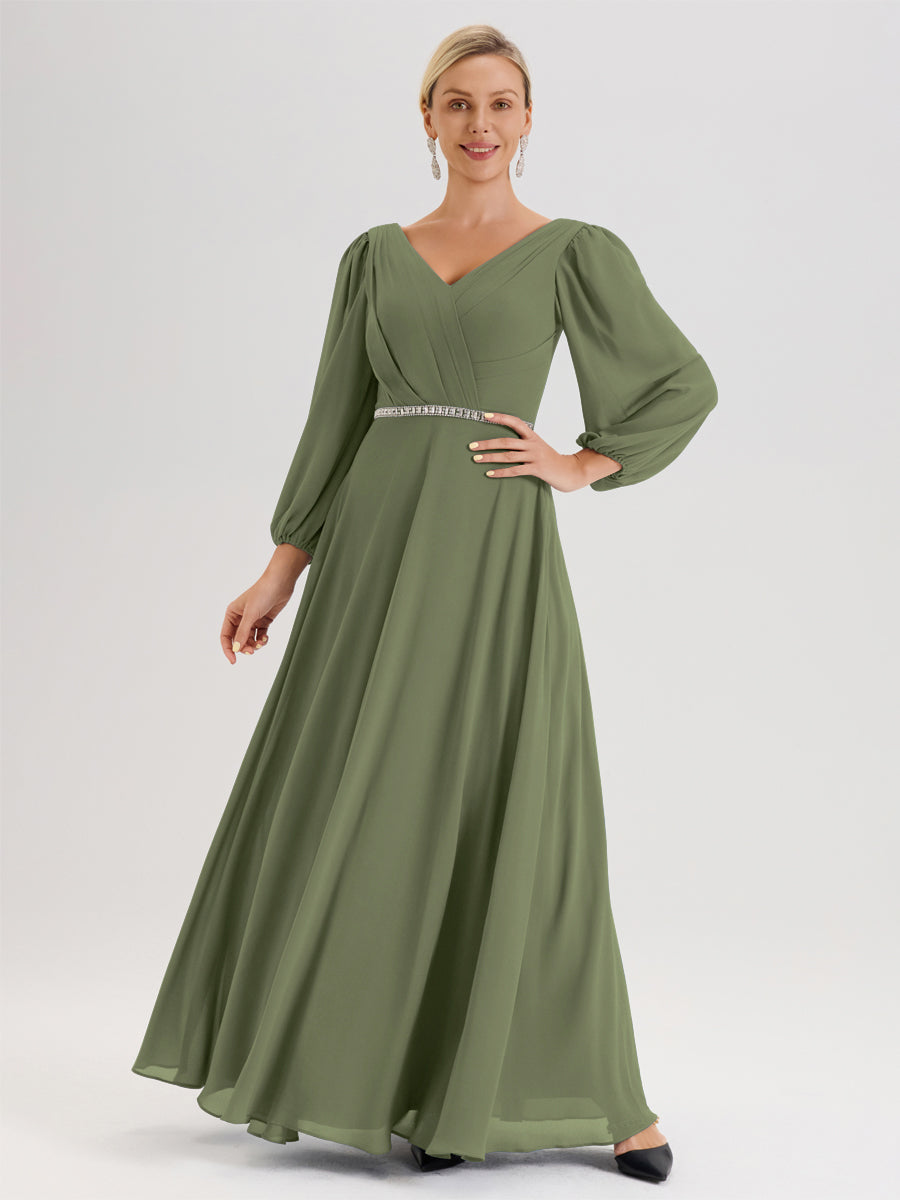 Cicinia Vert Olive Robe De Mère De La Mariée Manches Ballon Ligne A En Mousseline À Décolleté En V