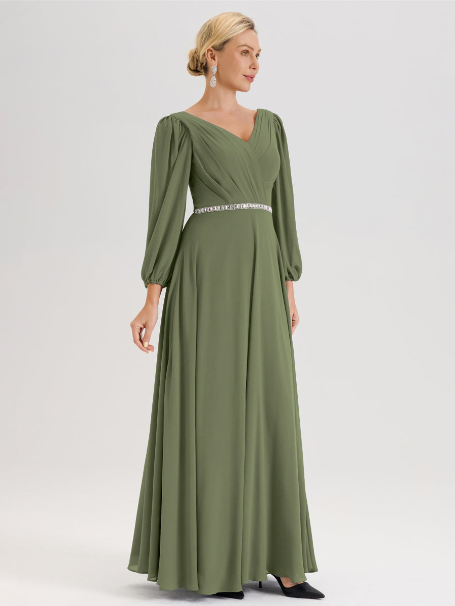 Cicinia Vert Olive Robe De Mère De La Mariée Manches Ballon Ligne A En Mousseline À Décolleté En V