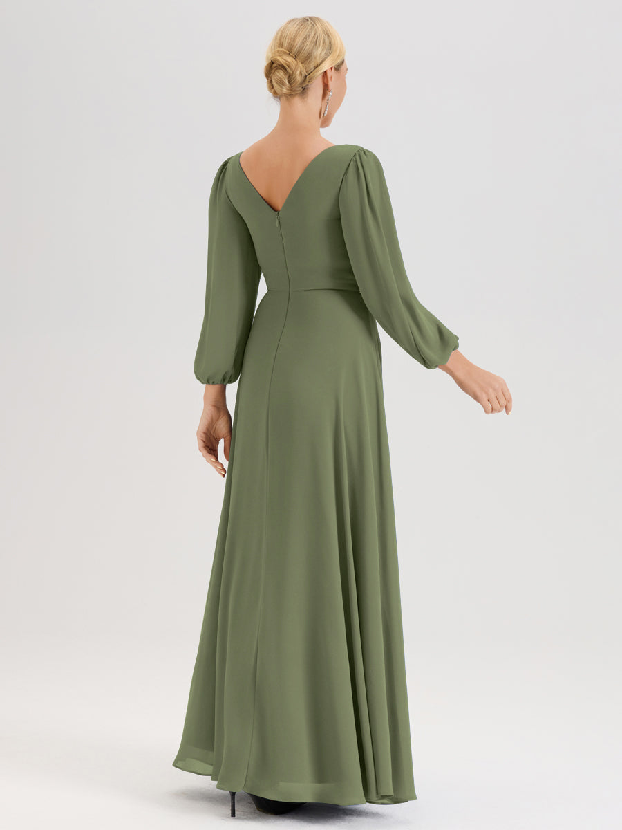Cicinia Vert Olive Robe De Mère De La Mariée Manches Ballon Ligne A En Mousseline À Décolleté En V