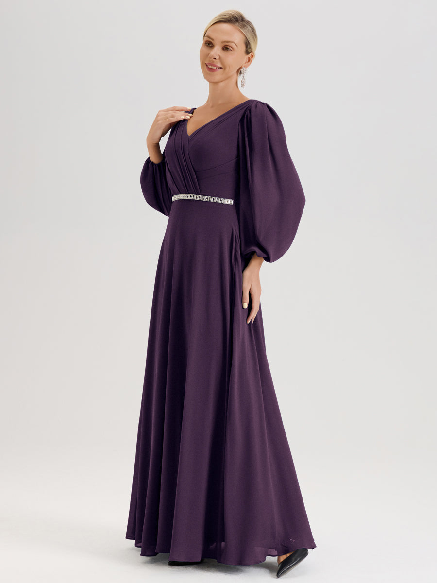 Cicinia Plum Robe De Mère De La Mariée Manches Ballon Ligne A En Mousseline À Décolleté En V